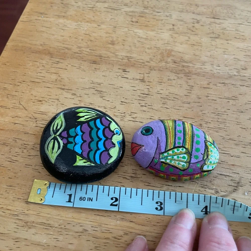 Hand crafted painted fish rocks set of 2 blue purple black yellow dots 2x2 inch